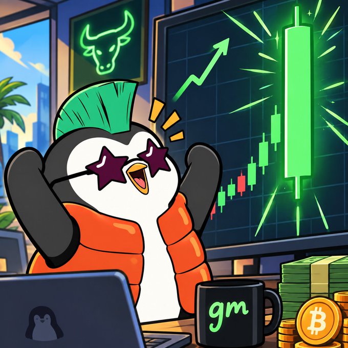 A cartoon penguin wearing star-shaped sunglasses and a green mohawk celebrates in front of a glowing green bullish candlestick chart, with a "gm" mug, stacks of cash, and Bitcoin coins on the table. The image's "gm📈" theme and bullish visual energy match the post's optimistic tone about buying $BNB and $HYPE today.