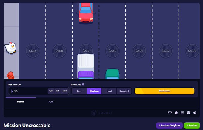 A screenshot of a Roobet crash-style gambling game titled 'Mission Uncrossable,' showing cars on a multi-lane road with potential payout values from $1.64 to $4.06, a bet amount of $1.5, and difficulty set to Medium.