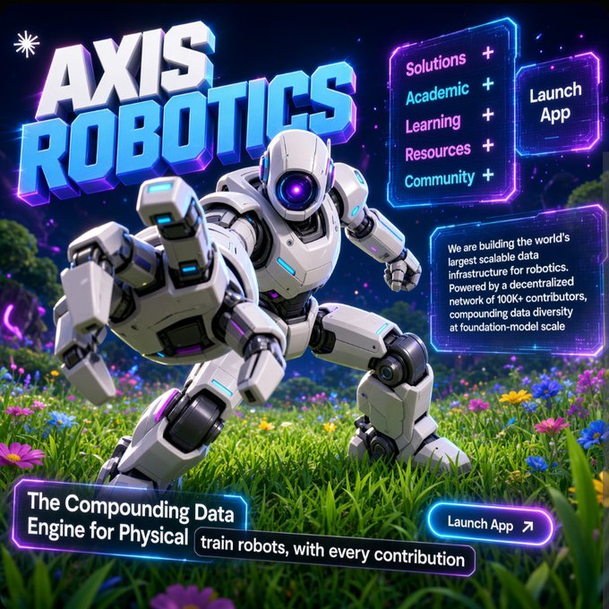 A futuristic advertisement featuring a white robot standing in a field of flowers with neon text reading "AXIS ROBOTICS - The Compounding Data Engine for Physical" and "Launch App," promoting decentralized data infrastructure for robotics.