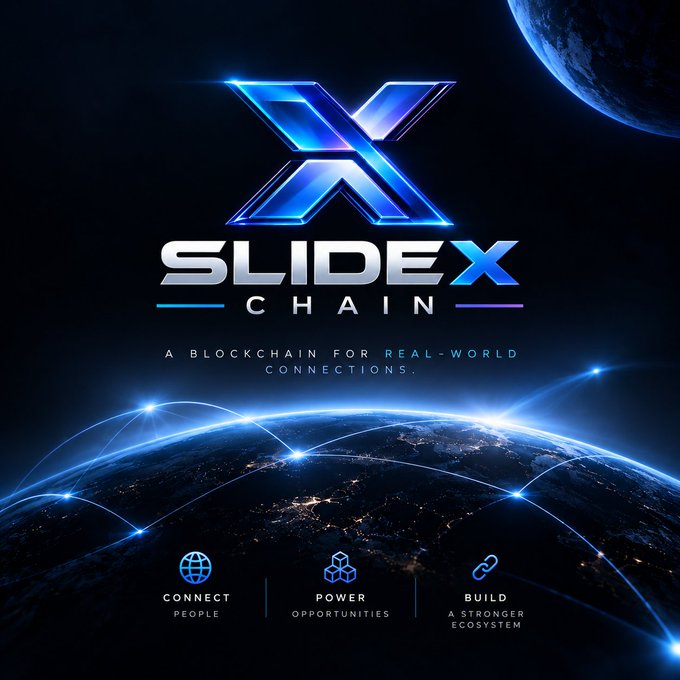 Promotional graphic for "SLIDEX CHAIN - A BLOCKCHAIN FOR REAL-WORLD CONNECTIONS" with icons to "CONNECT PEOPLE," "POWER OPPORTUNITIES," and "BUILD A STRONGER ECOSYSTEM."
