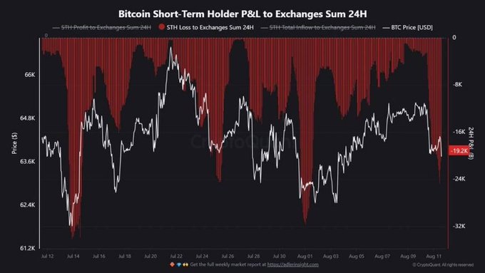 A CryptoQuant chart titled "Bitcoin Short-Term Holder P&L to Exchanges Sum 24H" displays STH losses (red bars) and profits (gray bars) to exchanges alongside BTC price in USD, with the 24-hour loss bar marked at -19.2K BTC—corresponding to the reported 19,200 BTC sold at a loss, roughly $1.2 billion at the ~$63K price shown.