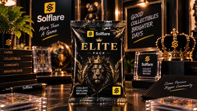 A product display for 'Solflare ELITE PACK' featuring a black and gold lion-themed package surrounded by collectible boxes and a crown, with text 'Good Collectibles Brighter Days' and 'Same Passion Bigger Community.'