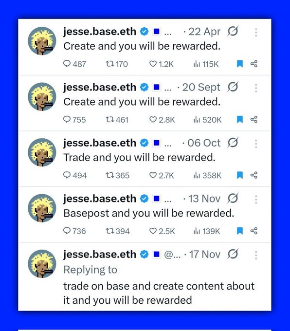 A screenshot of tweets from jesse.base.eth with the recurring messages 'Create and you will be rewarded', 'Trade and you will be rewarded', and 'Basepost and you will be rewarded', showing high engagement metrics.