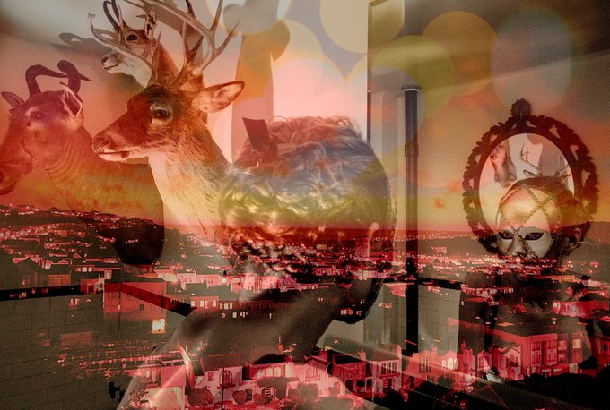 A surreal double-exposure image blending deer, a ram, and skull imagery with a red-tinted cityscape view through a window.