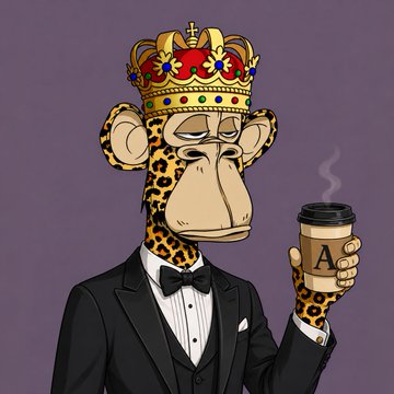 The image features a cartoon monkey dressed in a tuxedo holding a cup of coffee while wearing a crown. The monkey appears to be in a royal or high-ranking position, possibly as a king or queen. The background color is purple, which complements the overall theme and adds depth to the scene. The caption below the image reads: "Gm legends One thing I started doing since I got my king @BoredApeYC is brand all my content with the colors and attributes of my ape. Many have joined from other platforms, do not know about BAYC and are just".