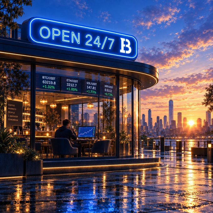 A digital illustration of a modern, glass-walled cafe or lounge with a bright neon "OPEN 24/7 B" sign, displaying cryptocurrency price tickers (BTC/USDT, ETH/USDT, SOL/USDT, XRP/USDT) on screens, with a city skyline at sunset in the background.