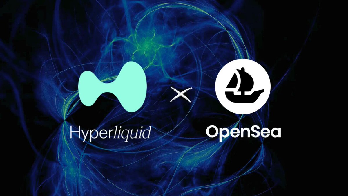 The image features two logos - one representing "opensea" with a ship logo, and another representing " Hyper Liquid X" with a blue circle and white x. The text above these logos reads "opensea perps powered by @HyperliquidX for anyone in the pond". This suggests that the image is promoting a partnership between OpenSea and HyperLiquid, possibly related to cryptocurrency or blockchain technology.