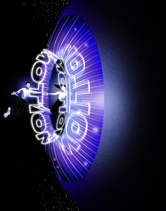 A digital artwork features two figures appearing to float or fall through a glowing, circular portal of purple light with digital patterns, set against a black background.
