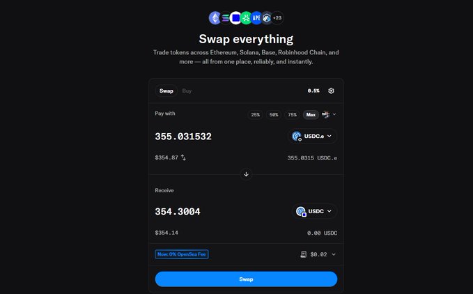 A dark-themed cryptocurrency swap interface displaying token exchange rates (355.031532 to 354.3004 USDC) with a 'New: 0% OpenSea Fee' badge.