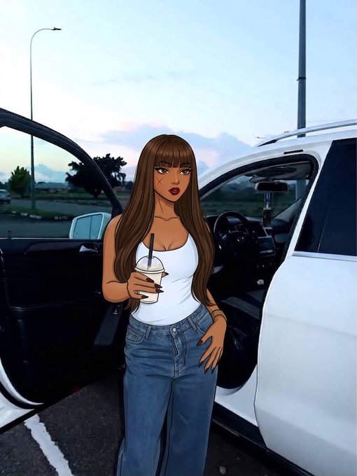 An illustrated/AI-generated image of a brown-haired woman in a white tank top and blue jeans holding a drink cup while standing beside an open car door at sunset.