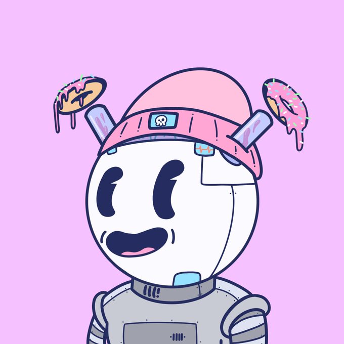 A cartoon illustration of a cheerful white robot wearing a pink beanie with a skull logo, holding a tray of donuts on its head, set against a solid pink background.