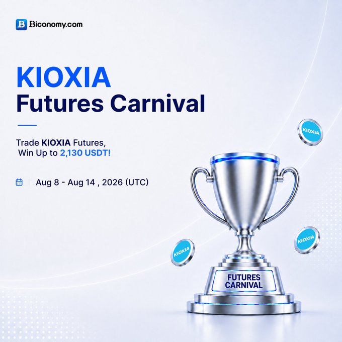 A promotional banner for 'KIOXIA Futures Carnival' on Biconomy.com, advertising a trading contest where participants can win up to 2,130 USDT, running from August 8 - August 14, 2026 (UTC).