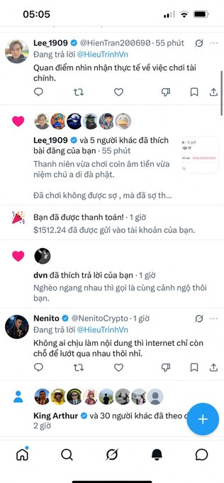 A mobile screenshot of an X (Twitter) feed in Vietnamese from user 'Lee.1909' (@HieuTran200690) with a post about personal views on financial matters, showing replies and likes from other users.