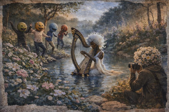 A fantasy painting depicts a woman with a harp in a stream, a photographer with a flower head, and figures with smiley-face masks dancing in a lush landscape.