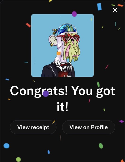A digital interface displaying "Congrats! You got it!" with a cartoon ape character wearing red-rimmed glasses, surrounded by falling confetti, and buttons to "View receipt" and "View on Profile".