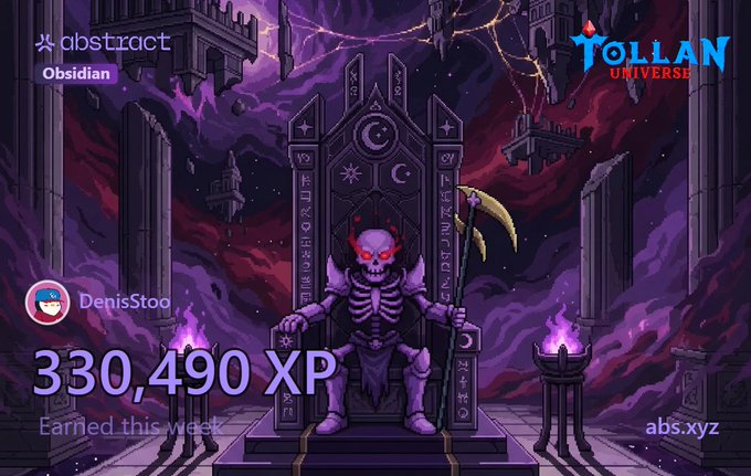 A gaming achievement graphic for 'TOLLAN UNIVERSE' (abs.xyz) showing 'DenisStoo' earned '330,490 XP' this week, featuring a red demon skeleton on a throne with a scythe against a purple fantasy backdrop.