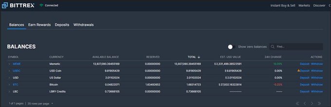 A Bittrex cryptocurrency exchange balances page showing holdings in MFR (Memetic), USDT, USD, BTC, and LBC with various balances and 24-hour change percentages.