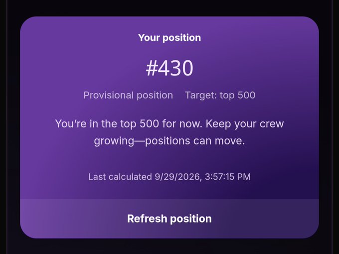 A purple dashboard card showing 'Your position #430' with the status 'Provisional position' and a 'Target: top 500', noting the last calculation was on 9/29/2026.