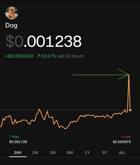 Coinbase price chart for 'Dog' cryptocurrency showing $0.001238 with a +53.07% gain in the last 24 hours, featuring an orange trend line with a dramatic spike highlighted by a green arrow.
