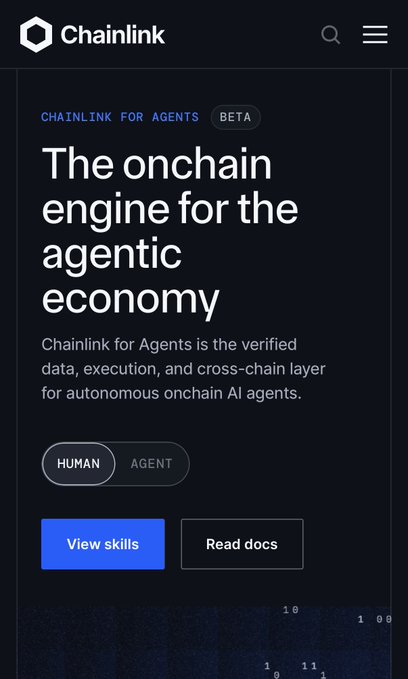 A promotional screenshot from Chainlink featuring "Chainlink for Agents (BETA)" with the tagline "The onchain engine for the agentic economy," highlighting it as verified data, execution, and cross-chain layer for autonomous onchain AI agents. The image ties to the $LINK token by showcasing Chainlink's expansion into AI agent infrastructure, a potential growth catalyst for the project's utility.