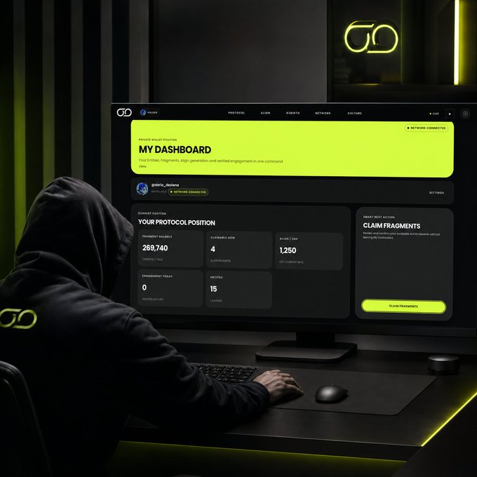 A person in a black hoodie sits at a computer displaying a dashboard titled 'MY DASHBOARD' with sections for 'YOUR PROTOCOL POSITION' and 'CLAIM FRAGMENTS', showing a balance of 269,740.