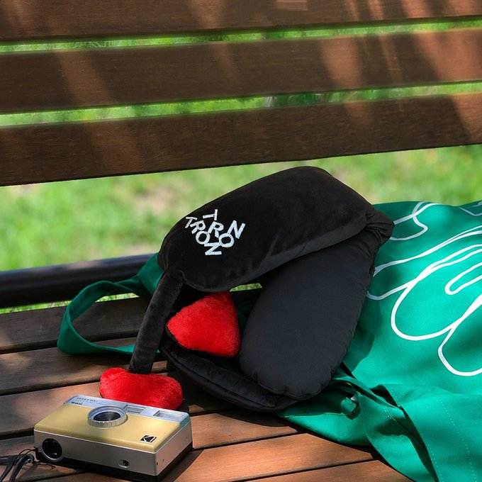 A black neck pillow with 'TERNZO' text, a small red plush toy, and a Kodak digital camera resting on a wooden bench next to a green bag.