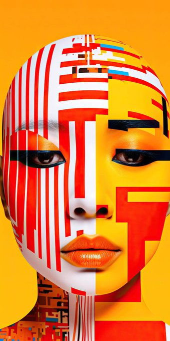 A stylized portrait of a face features geometric red, white, and orange patterns covering the skin against a yellow background, with digital glitch-like elements.