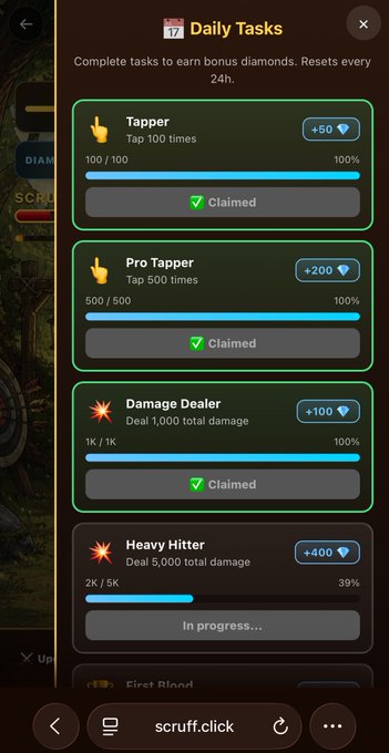 A mobile game 'Daily Tasks' screen showing completed achievements: 'Tapper' (100/100), 'Pro Tapper' (500/500), and 'Damage Dealer' (1K/1K), all marked 'Claimed', with 'Heavy Hitter' (2K/5K) at 39% in progress.
