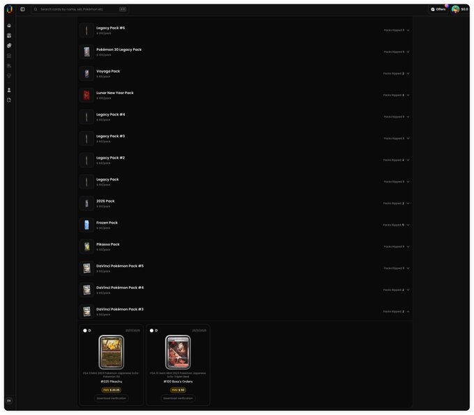 A dark-themed marketplace interface listing various Pokemon card packs including Legacy Pack, Pokemon 30 Legacy Pack, Vanyigo Pack, and 2024 Pack, with two listed cards (#025 Pikachu and #100 Boss Orders) shown at the bottom.