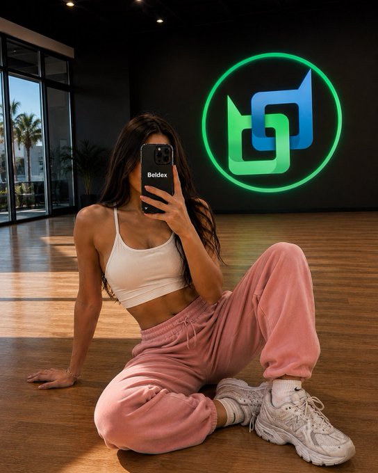A fit woman in a white crop top and pink sweatpants sits on a wooden floor taking a mirror selfie with a phone labeled 'Beldex', in front of a large glowing green and blue Beldex logo on a dark wall.