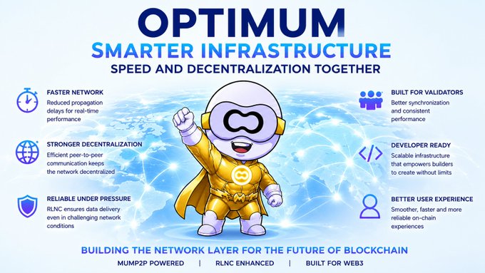 'OPTIMUM: Smarter Infrastructure, Speed and Decentralization Together' promotional graphic featuring a superhero mascot and listing features like Faster Network, Stronger Decentralization, Reliable Under Pressure, Built for Validators, Developer Ready, and Better User Experience.