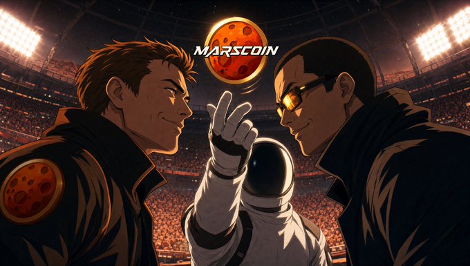 An anime-style illustration titled 'MARSCOIN' shows two men in dark coats facing each other with an astronaut between them, set in a stadium under a coin-shaped moon.