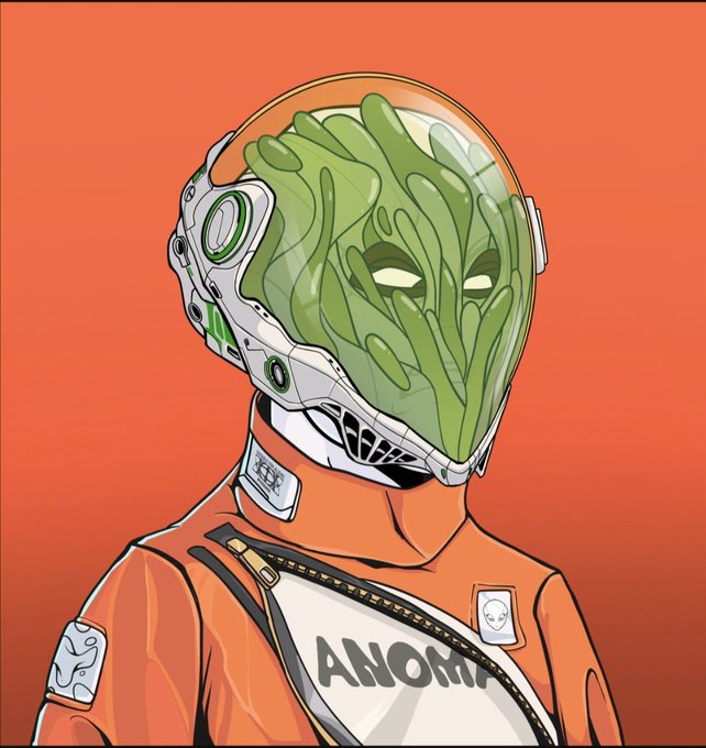 An anime-style illustration of an astronaut character wearing a helmet with a green organic alien-like face inside, dressed in an orange suit labeled 'ANOMA'.