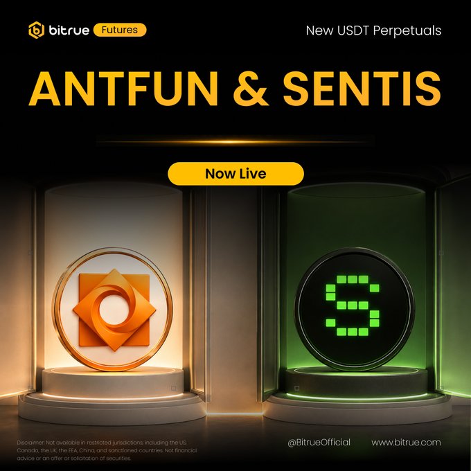 The promotional image announces that $ANTFUN and $SENTIS USDT Perpetuals are now live on Bitrue Futures, featuring two illuminated display cases showcasing their respective coin logos. The "Now Live" button and Bitrue branding emphasize the new trading availability, aligning with the post's announcement and call to trade the latest listings for rewards.
