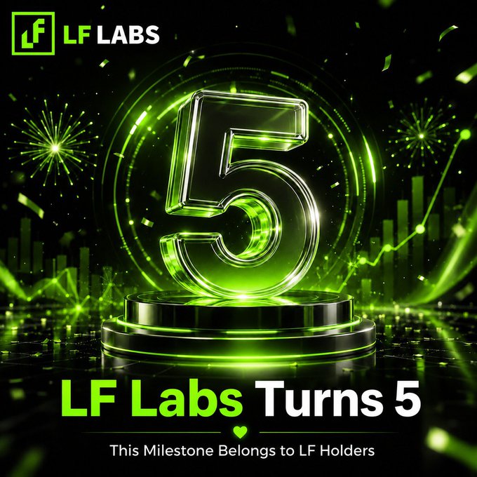 A vibrant green promotional graphic features a glowing 3D number "5" on a futuristic podium, celebrating LF Labs' 5-year anniversary with the tagline "LF Labs Turns 5 – This Milestone Belongs to LF Holders," directly visualizing the post's message of honoring its community and holders.