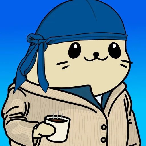 A cartoon illustration of a beige cat wearing a blue bandana and a striped shirt, holding a cup of dark liquid against a blue gradient background.
