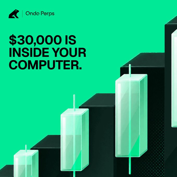 An Ondo Perps advertisement with green background reading '$30,000 IS INSIDE YOUR COMPUTER,' featuring a rising bar chart with translucent green candlestick-style boxes.