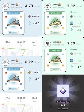 The image shows a collection of six different screens, each displaying various information related to a fitness app or game. The screens are arranged vertically, with three at the top, two below them, and one at the bottom. Each screen features a pair of sneakers, which appear to be part of an exercise program or challenge within the app. The screens also display icons representing different aspects of the app's functionality, such as "walk", "run", "jump", and "rest". Additionally, there are numbers displayed on each screen that could represent points earned during the activity or a timer indicating how long someone has been exercising for.