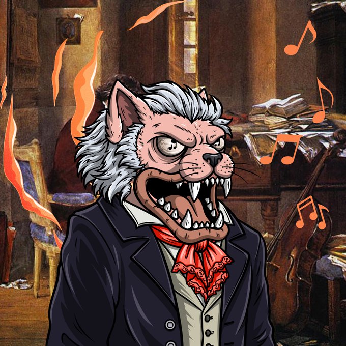An animated illustration of an angry, snarling cat-like creature with pointed ears and fangs, wearing a formal suit with a red ruffled cravat, surrounded by musical notes and flames in a classical interior setting.