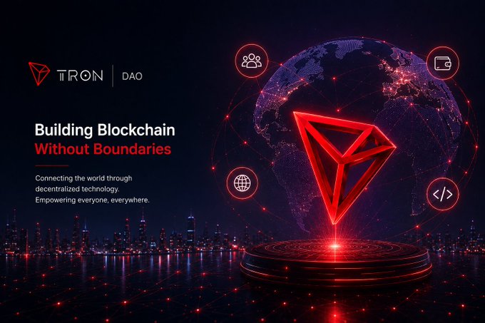 A promotional graphic for TRON DAO featuring the tagline 'Building Blockchain Without Boundaries' with a red diamond logo and digital globe imagery.