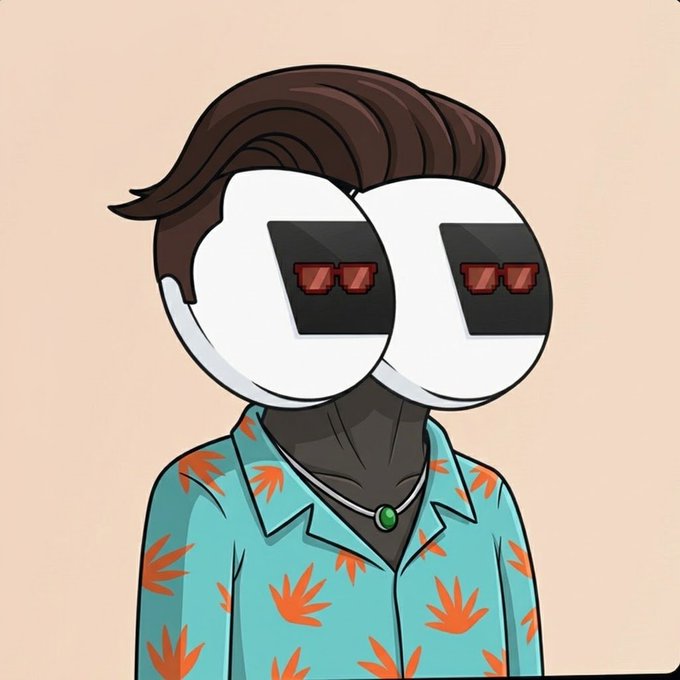 A cartoon illustration of a character with large goggle-like glasses, wearing a teal shirt with orange leaf patterns and a necklace with a green pendant.