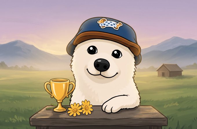A fluffy white cartoon dog wearing a blue cap with a $HODLY-style bone logo poses behind a wooden table with a gold trophy and yellow flowers, set against a peaceful mountain landscape. The image captures the "calmest and most hodly" vibe of the meme contest, with the relaxed dog embodying the chill, victorious spirit of a potential winner.
