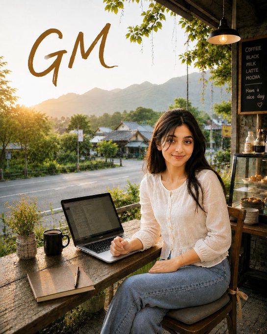 A young woman sits smiling at a rustic outdoor café during golden hour, working on her laptop alongside a notebook, with a menu board reading "COFFEE, BLACK, MILK, LATTE, MOCHA, Have a nice day" visible in the background. The hand-painted "GM" ("Good Morning") greeting in the upper left complements the post's warm wishes for a blessed and peaceful new day to the Web3 community, capturing the hopeful, fresh-start energy of a calm morning beginning.
