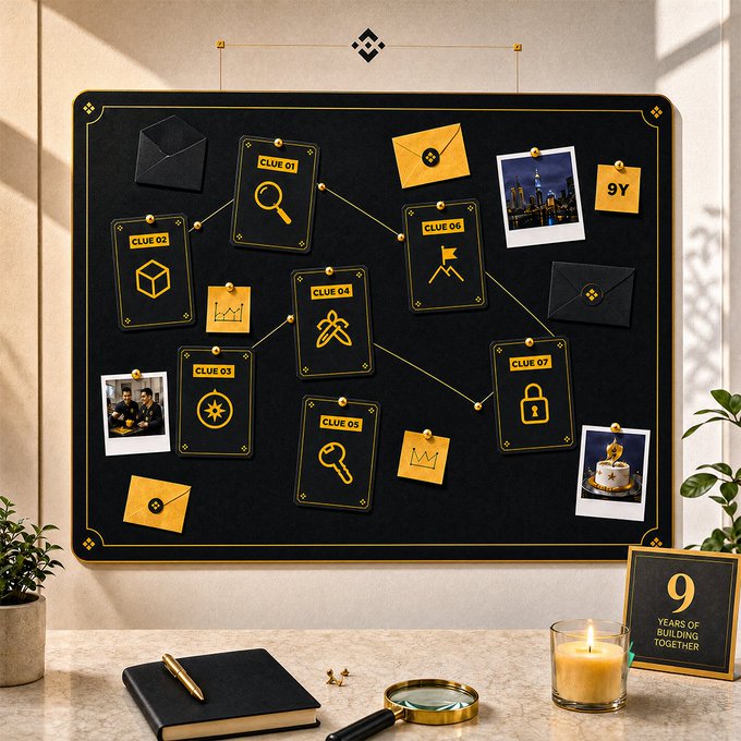 A detective-style mission board displays interconnected clues labeled "CLUE 01" through "CLUE 07," featuring icons like a magnifying glass, cube, compass, and lock, alongside photographs and yellow envelopes pinned with string against a black and gold background. A framed sign reading "9 YEARS OF BUILDING TOGETHER" sits in the corner, tying the scene to Binance's 9th anniversary celebration where participants hunt for a hidden green candle among the clues.