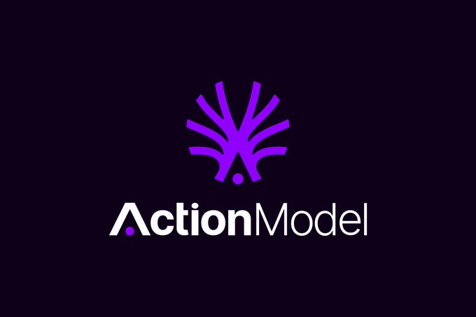 A purple logo featuring a stylized leaf or fan design sits above the white text "ActionModel" on a dark navy background.
