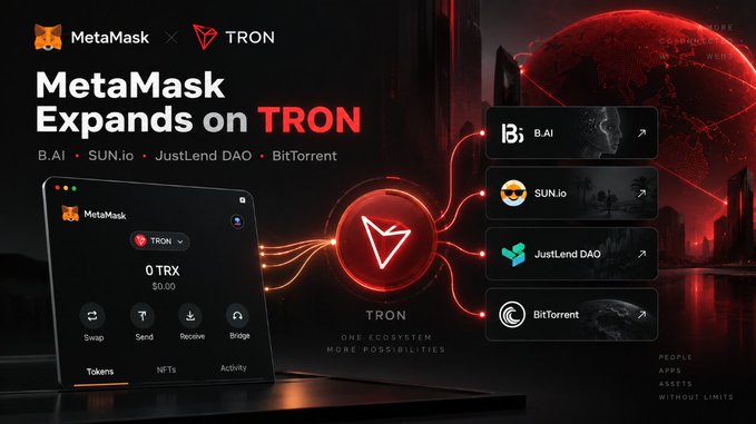 Promotional graphic announcing 'MetaMask Expands on TRON,' featuring the MetaMask wallet interface with 0 TRX, alongside connected dApps including B.AI, SUN.io, JustLend DAO, and BitTorrent.