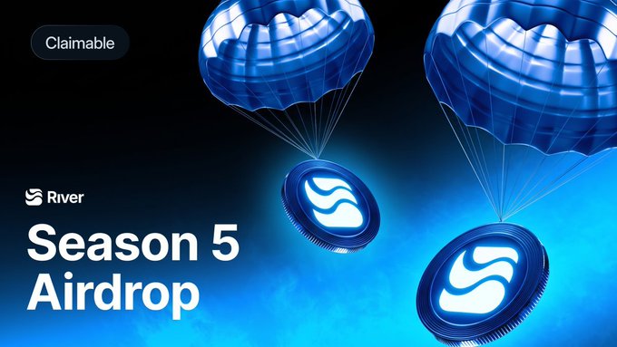 A promotional graphic for the 'River Season 5 Airdrop' showing blue parachutes carrying tokens with the River 'S' logo.