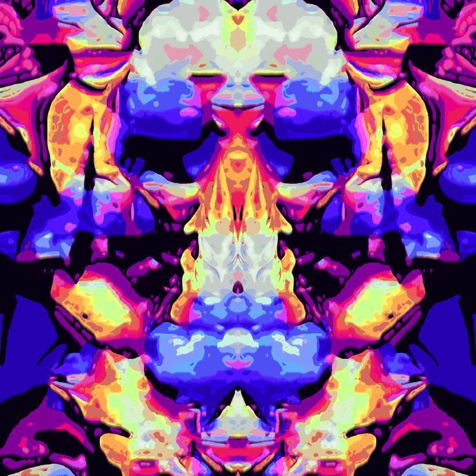 A symmetrical, abstract digital artwork featuring mirrored forms in vibrant shades of blue, pink, yellow, and green, resembling a kaleidoscopic pattern.