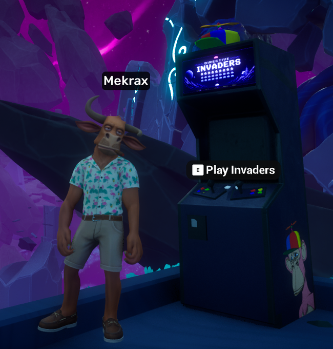 A bull-headed character named "Mekrax" stands next to a "Directive Invaders" arcade cabinet with a prompt to "Play Invaders" (E) in the Otherside Meta universe. The vibrant cosmic background and cartoon artwork on the cabinet match the playful, gamified aesthetic of the Lazy Bull Club's virtual space.