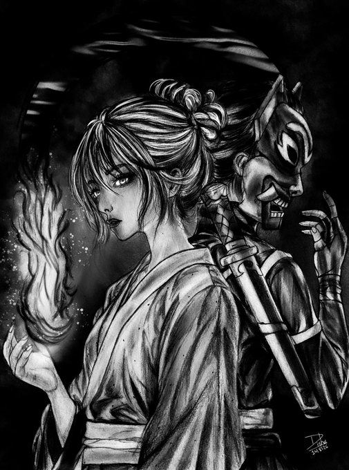 A black-and-white manga-style illustration of a woman holding a flame in one hand, standing back-to-back with a menacing masked ninja.